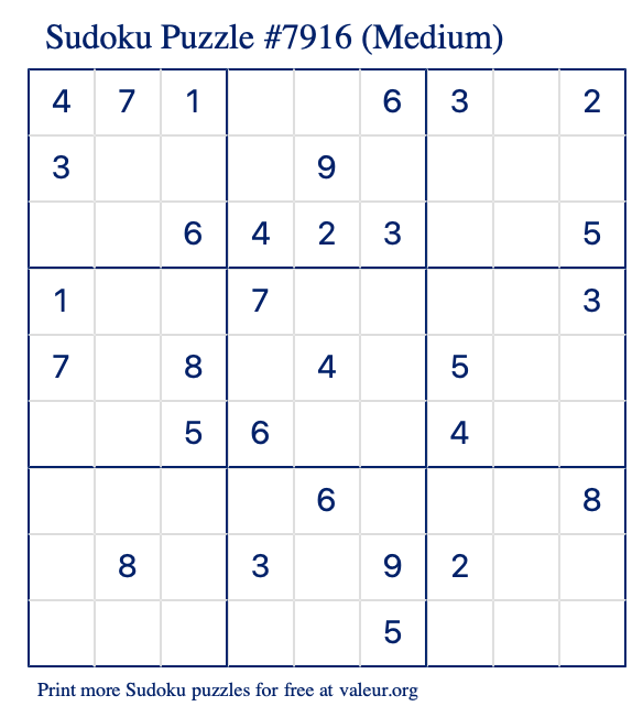 Free Printable Medium Sudoku Puzzle number 7916