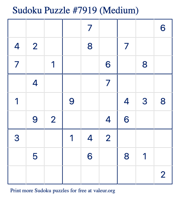 Free Printable Medium Sudoku Puzzle number 7919