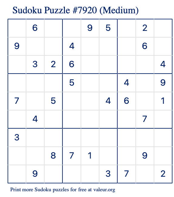 Free Printable Medium Sudoku Puzzle number 7920