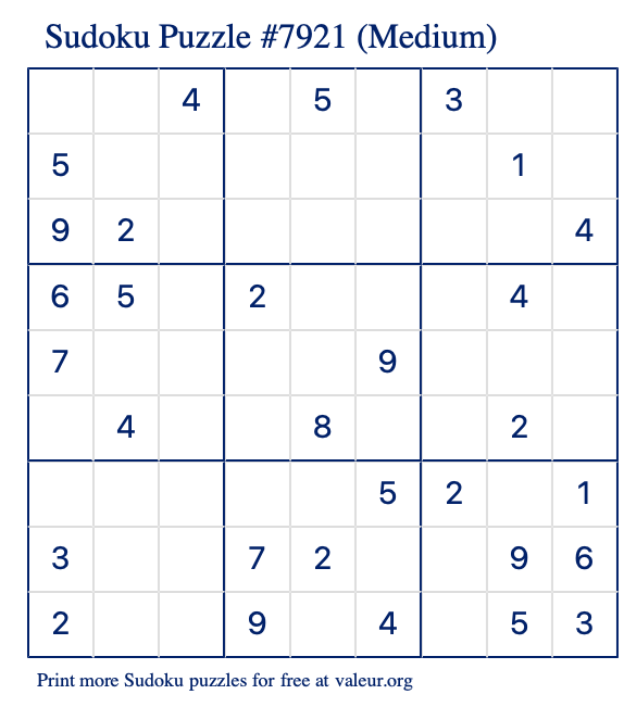 Free Printable Medium Sudoku Puzzle number 7921
