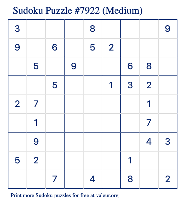 Free Printable Medium Sudoku Puzzle number 7922