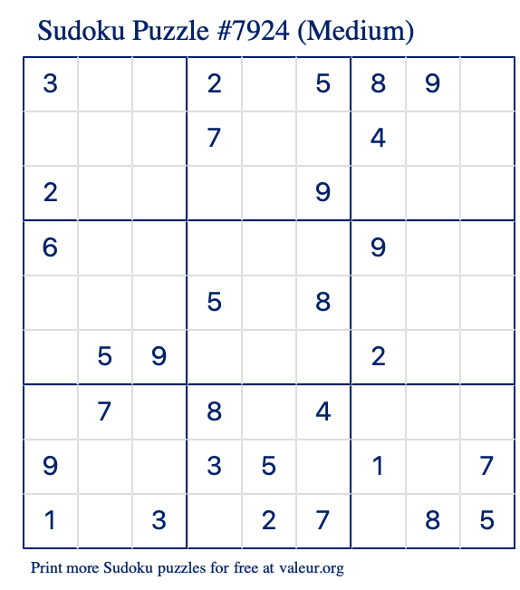 Free Printable Medium Sudoku Puzzle number 7924