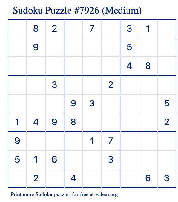Free Printable Medium Sudoku Puzzle number 7926