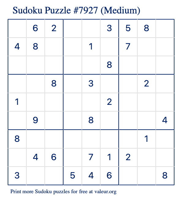 Free Printable Medium Sudoku Puzzle number 7927
