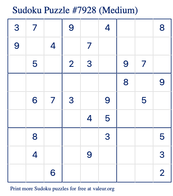 Free Printable Medium Sudoku Puzzle number 7928