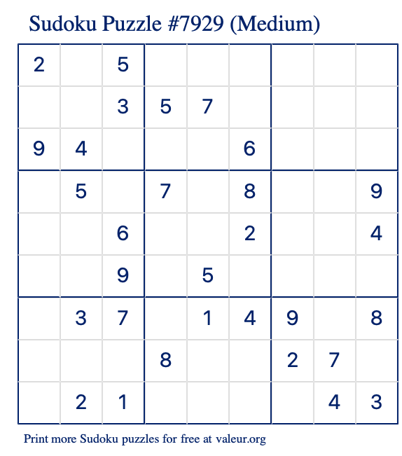 Free Printable Medium Sudoku Puzzle number 7929