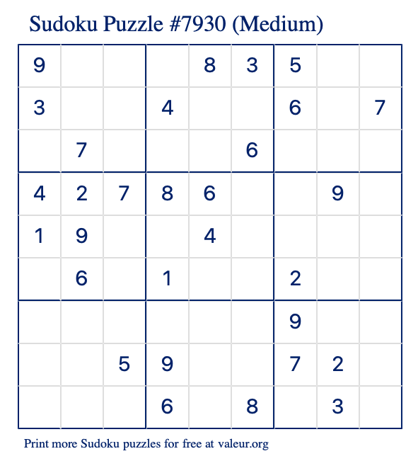 Free Printable Medium Sudoku Puzzle number 7930