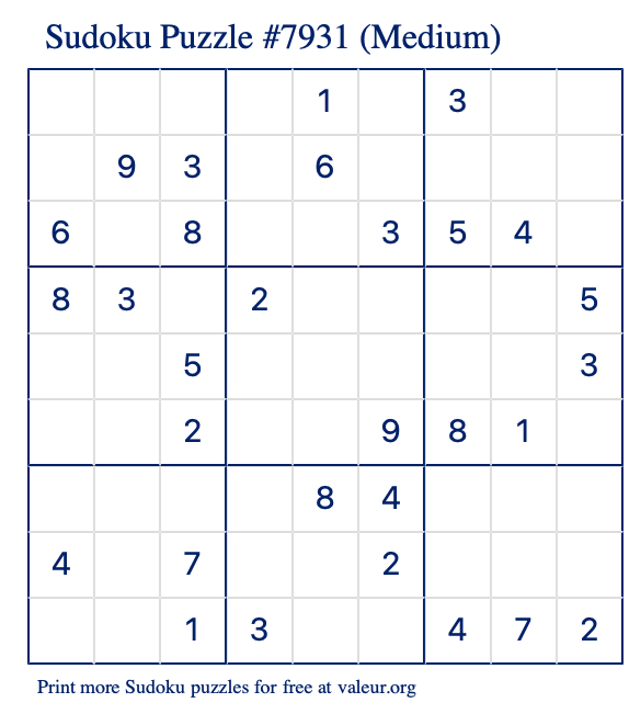 Free Printable Medium Sudoku Puzzle number 7931