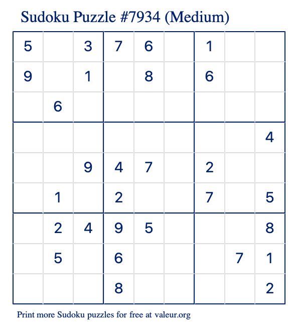 Free Printable Medium Sudoku Puzzle number 7934
