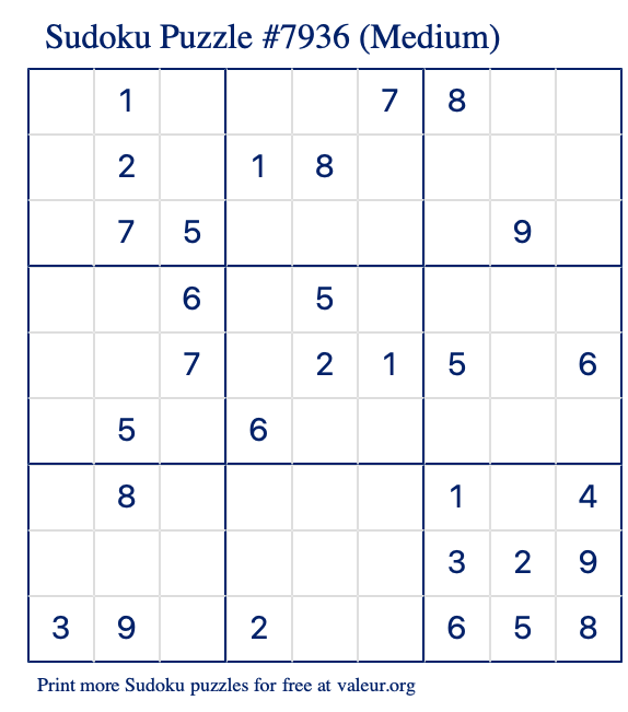 Free Printable Medium Sudoku Puzzle number 7936