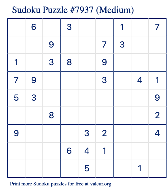 Free Printable Medium Sudoku Puzzle number 7937