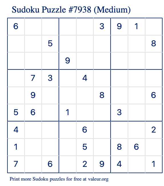 Free Printable Medium Sudoku Puzzle number 7938