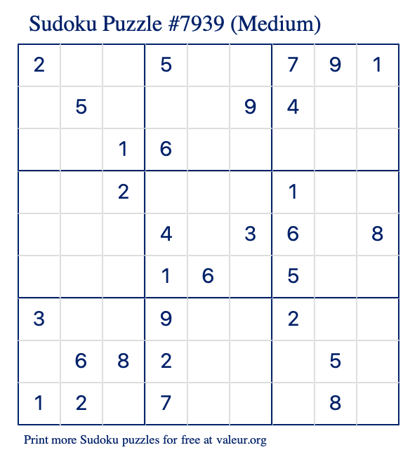 Free Printable Medium Sudoku Puzzle number 7939