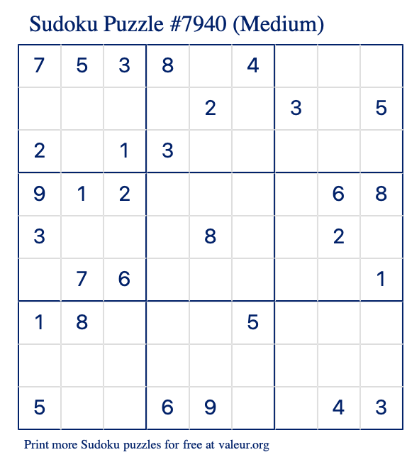 Free Printable Medium Sudoku Puzzle number 7940