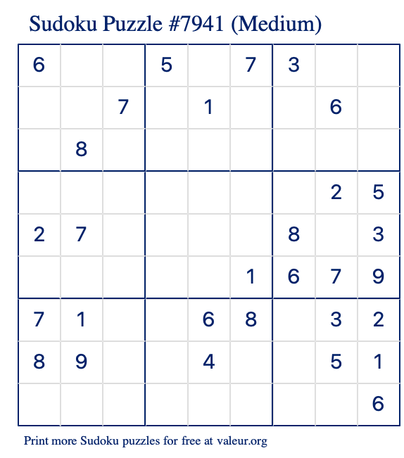 Free Printable Medium Sudoku Puzzle number 7941