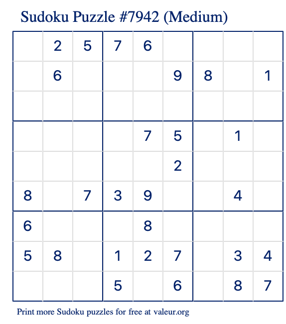 Free Printable Medium Sudoku Puzzle number 7942