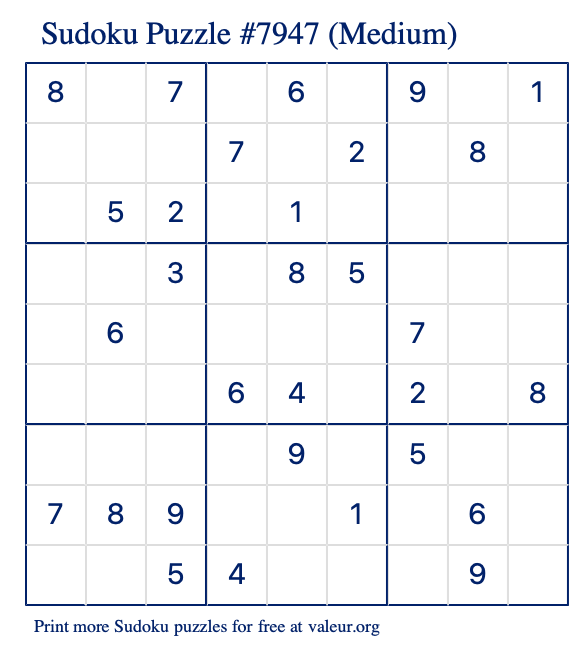 Free Printable Medium Sudoku Puzzle number 7947