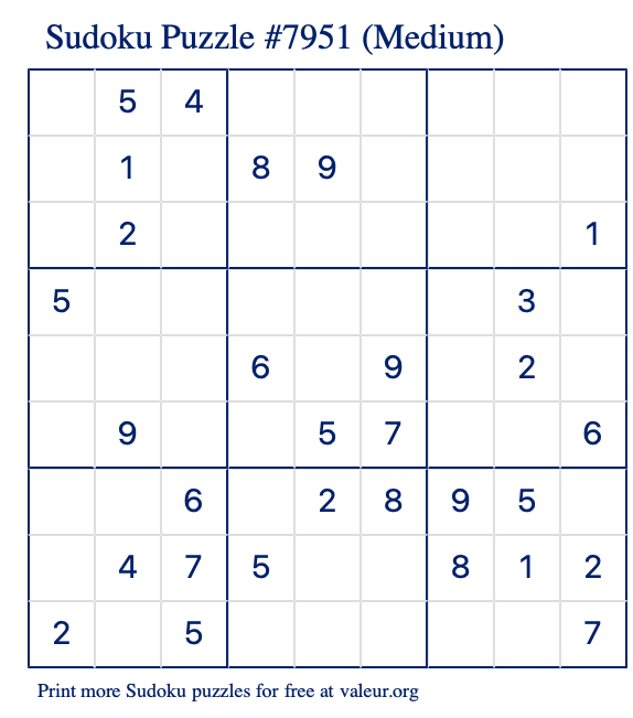 Free Printable Medium Sudoku Puzzle number 7951