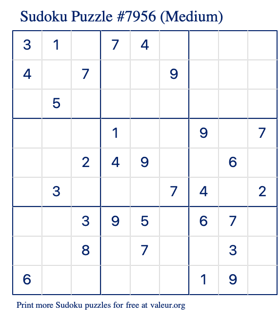 Free Printable Medium Sudoku Puzzle number 7956