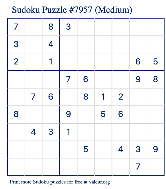 Free Printable Medium Sudoku Puzzle number 7957