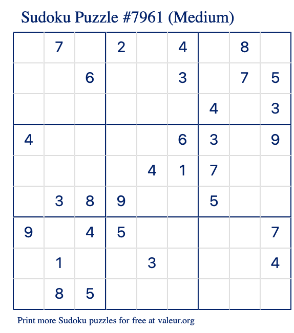 Free Printable Medium Sudoku Puzzle number 7961