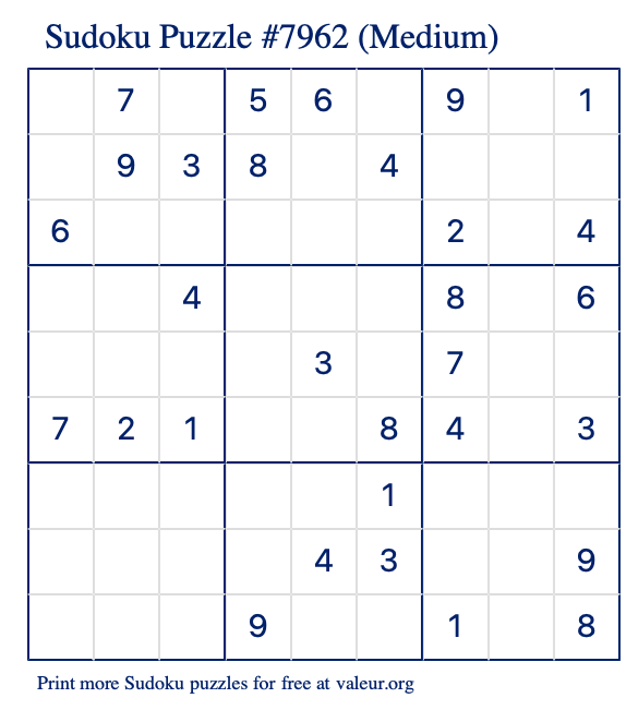 Free Printable Medium Sudoku Puzzle number 7962