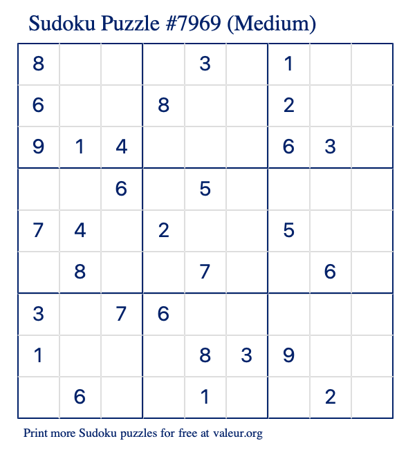 Free Printable Medium Sudoku Puzzle number 7969