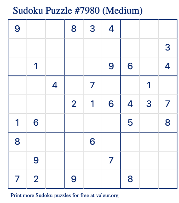 Free Printable Medium Sudoku Puzzle number 7980