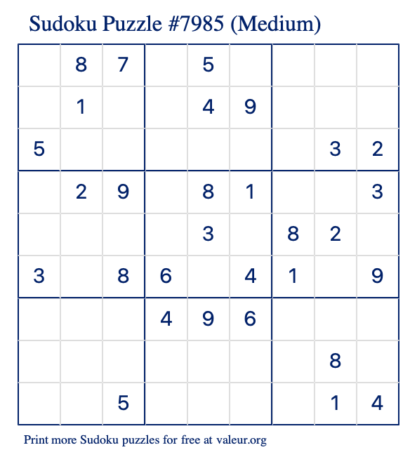 Free Printable Medium Sudoku Puzzle number 7985