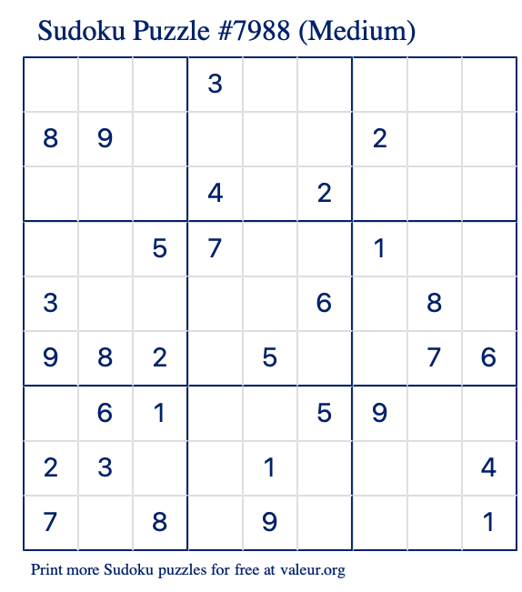Free Printable Medium Sudoku Puzzle number 7988