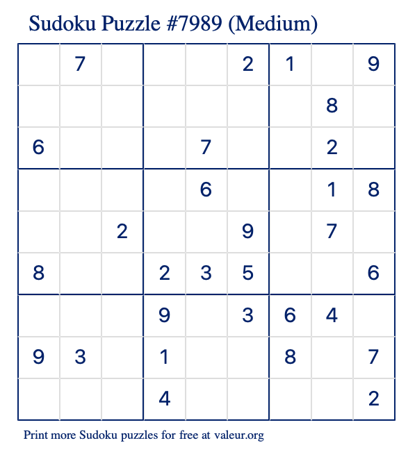 Free Printable Medium Sudoku Puzzle number 7989