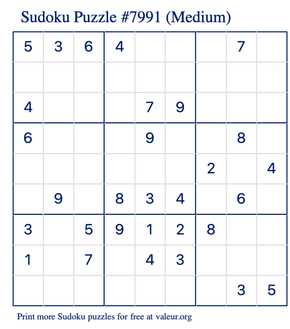 Free Printable Medium Sudoku Puzzle number 7991