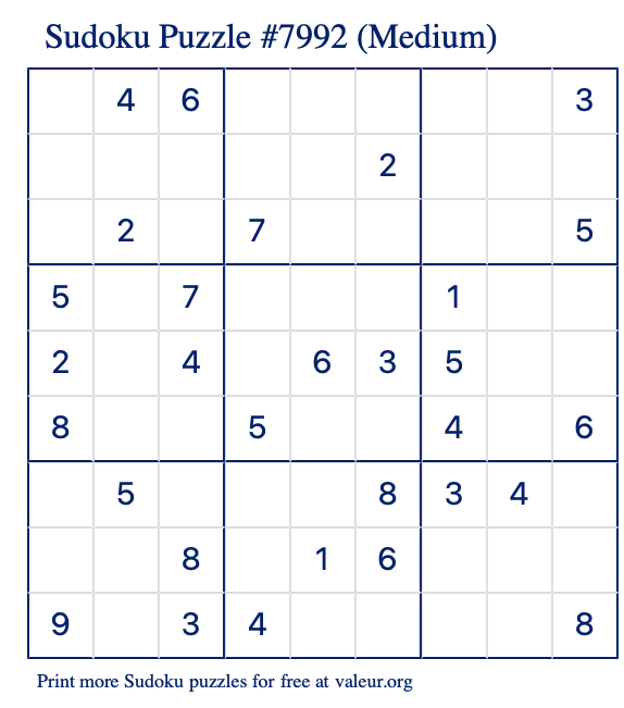 Free Printable Medium Sudoku Puzzle number 7992
