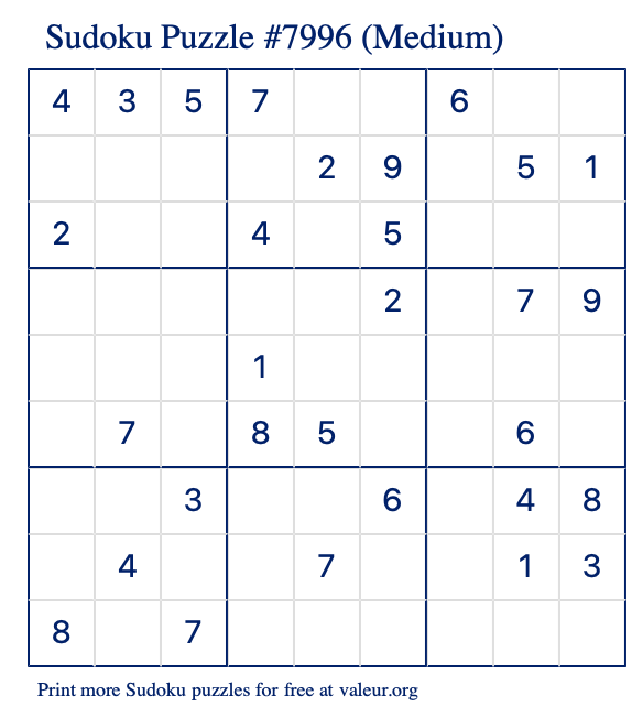Free Printable Medium Sudoku Puzzle number 7996
