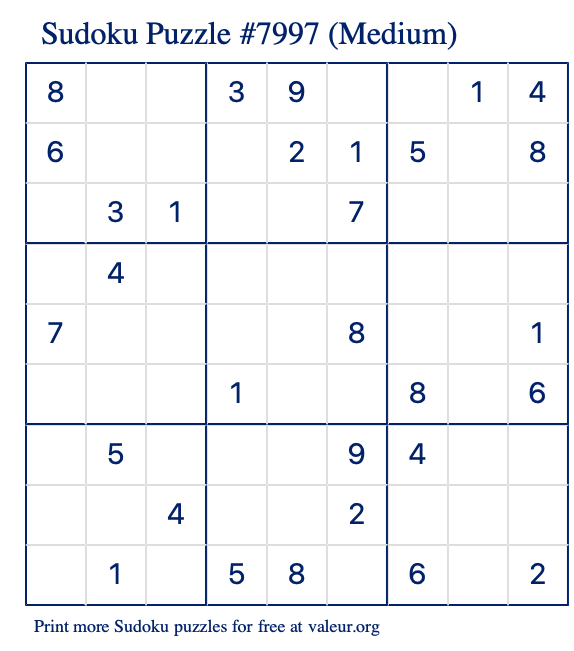 Free Printable Medium Sudoku Puzzle number 7997
