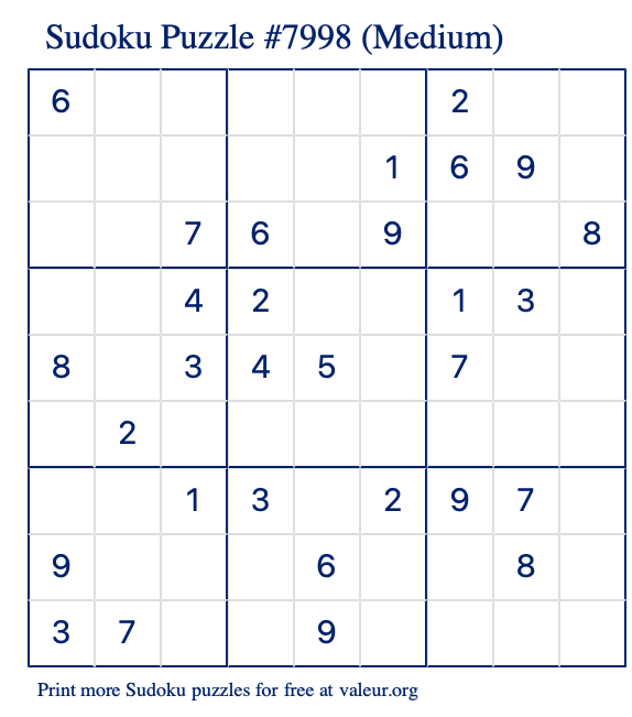 Free Printable Medium Sudoku Puzzle number 7998