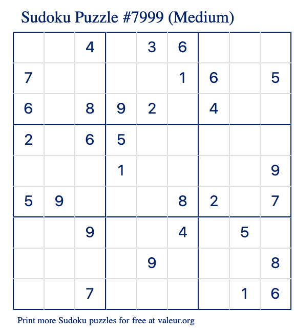 Free Printable Medium Sudoku Puzzle number 7999