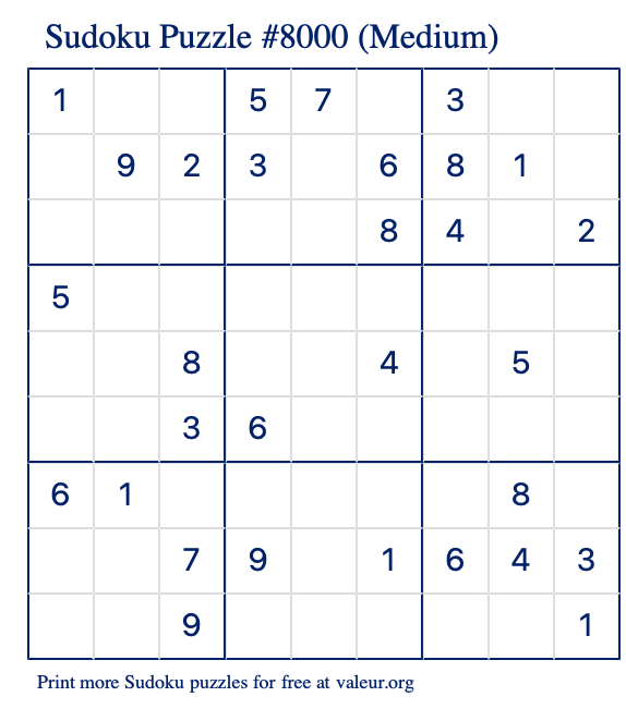 Free Printable Medium Sudoku Puzzle number 8000