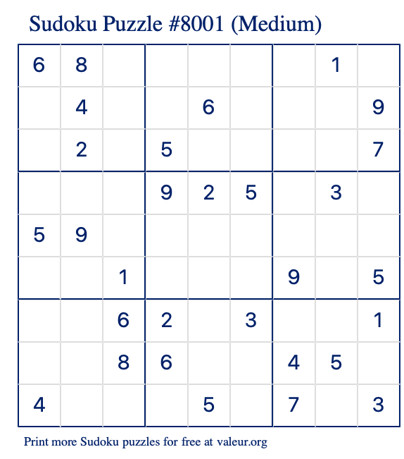 Free Printable Medium Sudoku Puzzle number 8001
