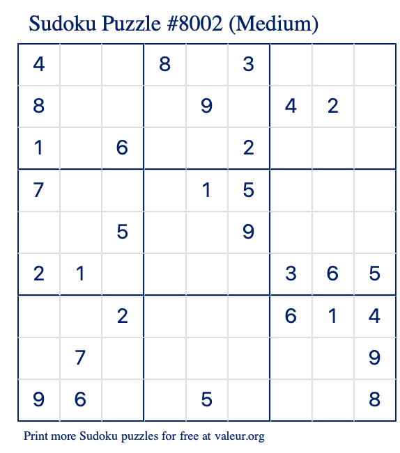 Free Printable Medium Sudoku Puzzle number 8002