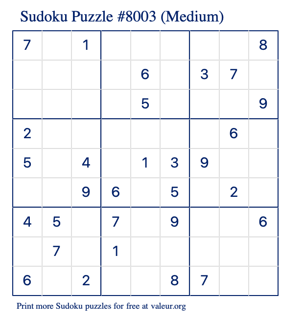 Free Printable Medium Sudoku Puzzle number 8003