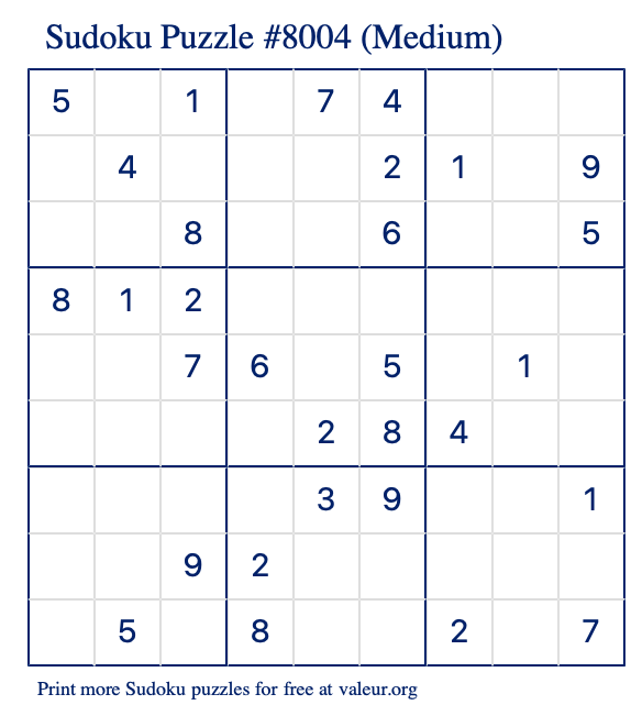 Free Printable Medium Sudoku Puzzle number 8004