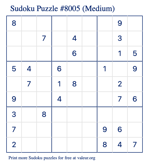 Free Printable Medium Sudoku Puzzle number 8005