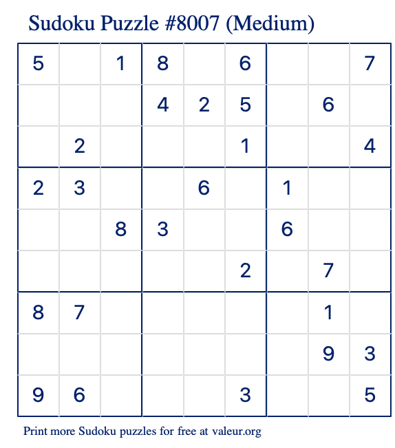 Free Printable Medium Sudoku Puzzle number 8007