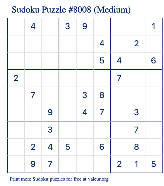 Free Printable Medium Sudoku Puzzle number 8008