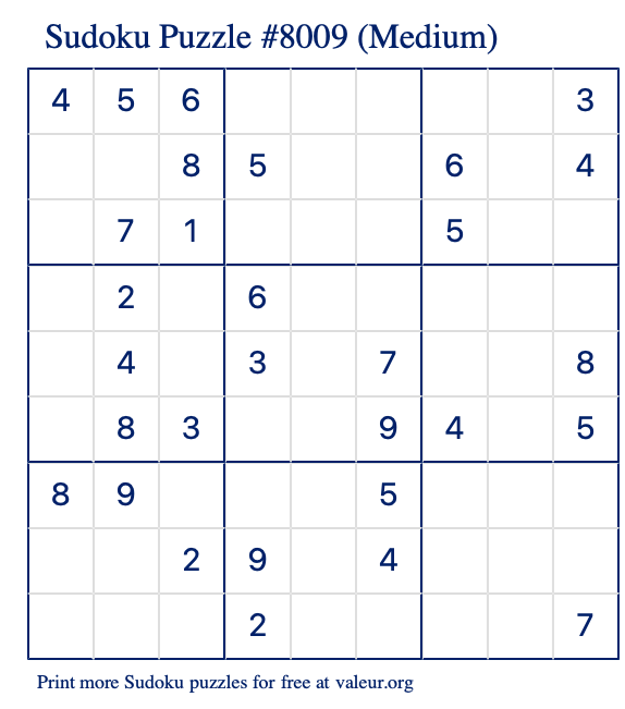 Free Printable Medium Sudoku Puzzle number 8009