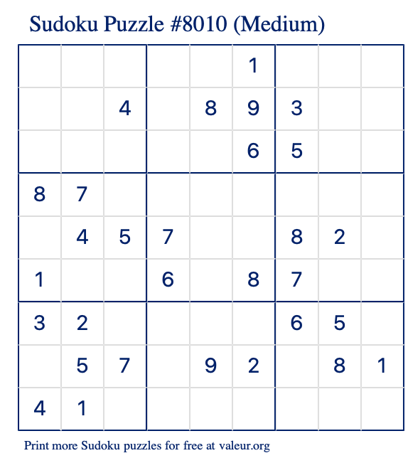 Free Printable Medium Sudoku Puzzle number 8010