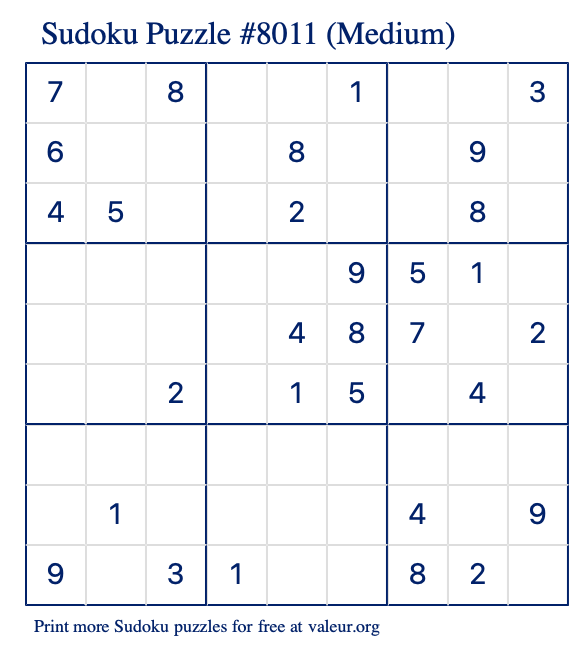 Free Printable Medium Sudoku Puzzle number 8011