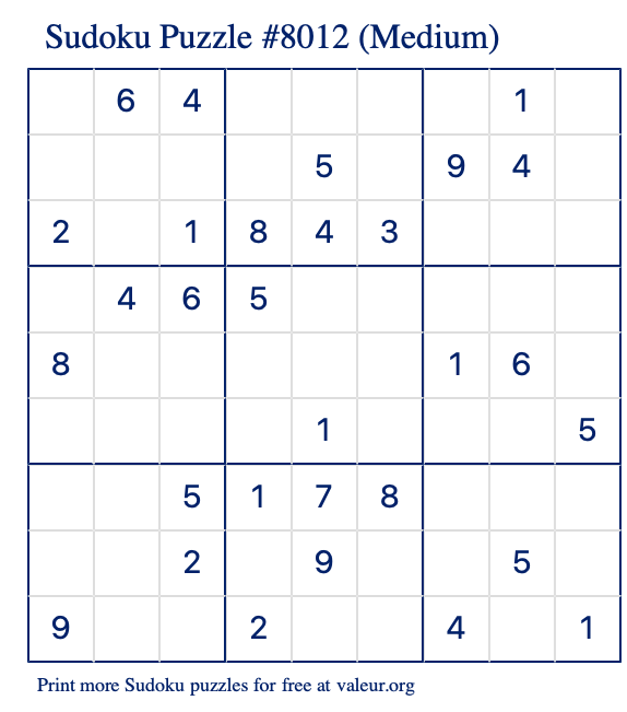 Free Printable Medium Sudoku Puzzle number 8012