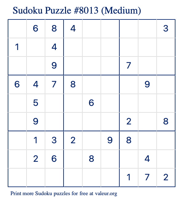 Free Printable Medium Sudoku Puzzle number 8013